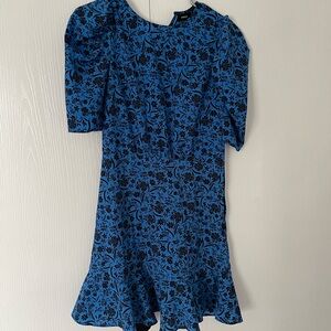 Aqua Blue and Black Fit and Flare Puff Sleeve Mini Dress